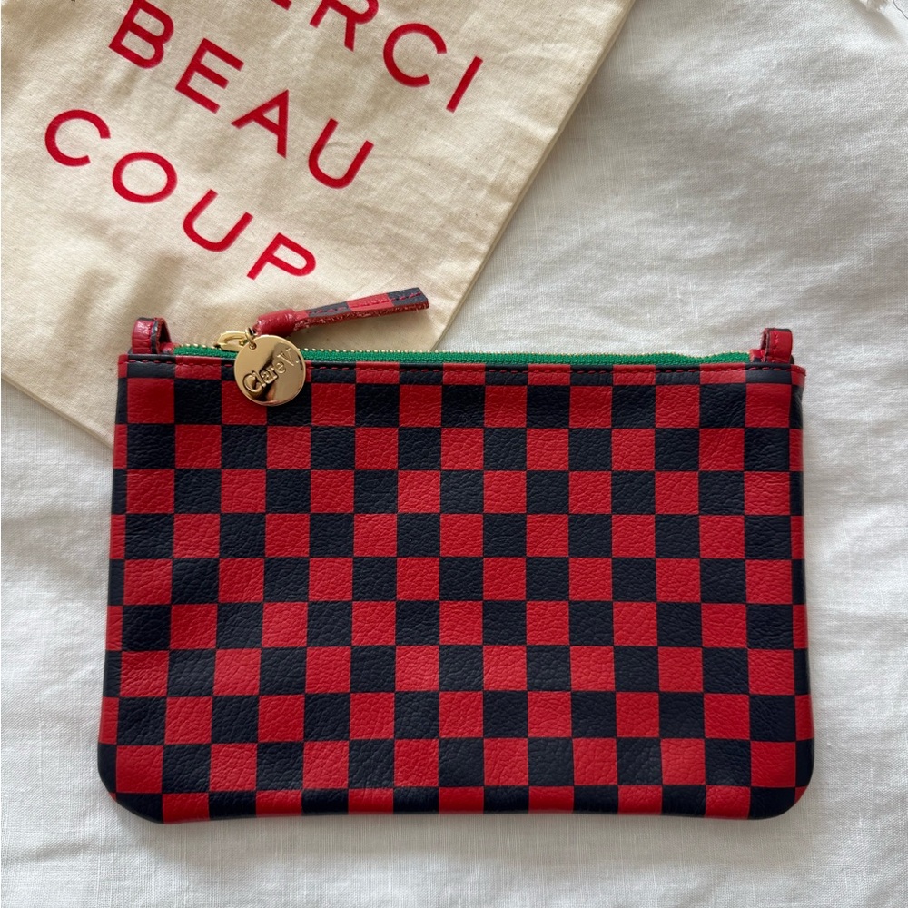 Clare V Checkered Red and Navy Wallet Clutch with tabs for strap. NWOT